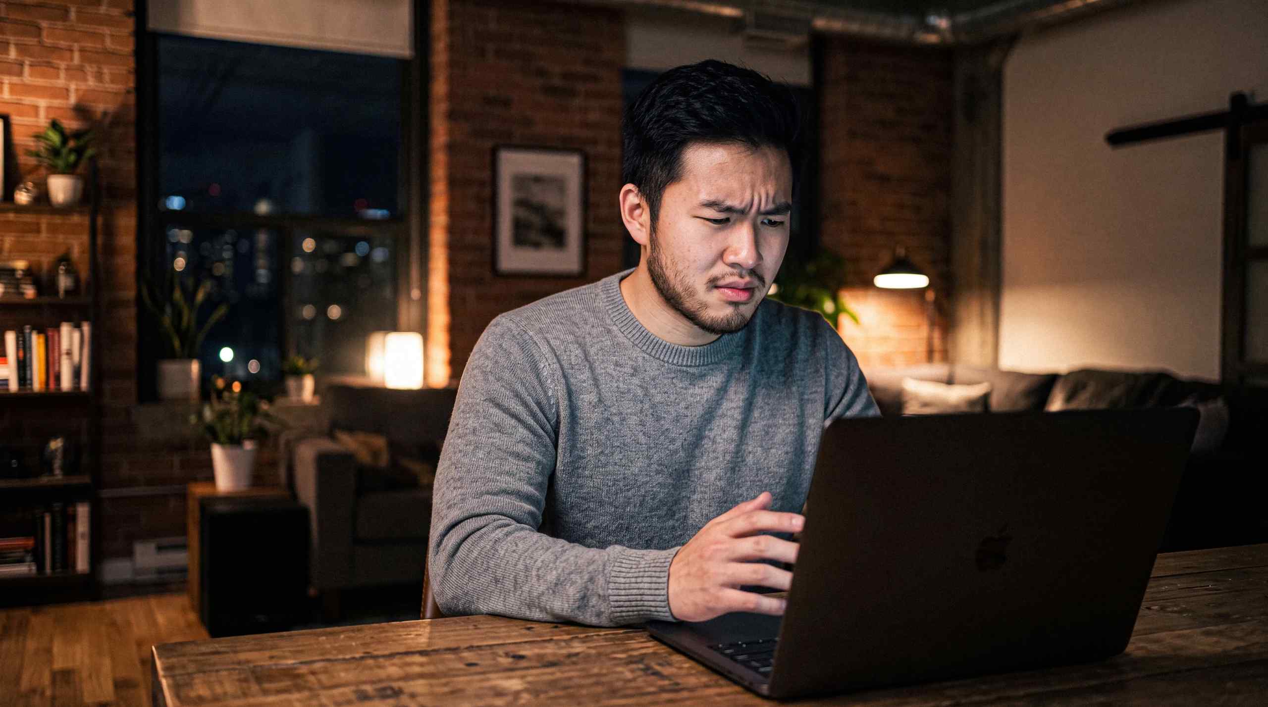 A man frustrated while using a laptop computer.